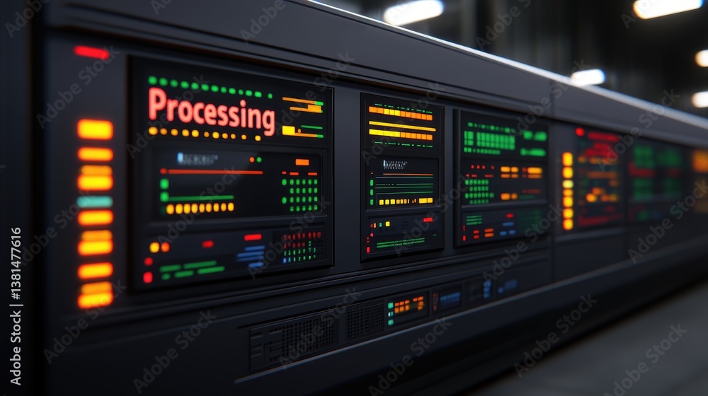 Poster futuristic data center server room with illuminated digital displays showing processing data