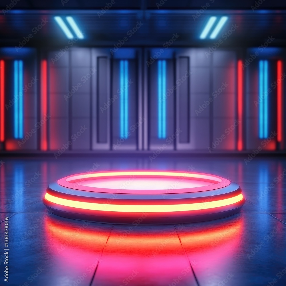 Poster futuristic neon lit circular platform product display stand in sci fi room setting