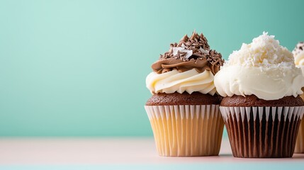 A paired display of chocolate and vanilla cupcakes showcasing rich frosting and elegant toppings, ideal for any festive gathering or bakery promotional purposes.