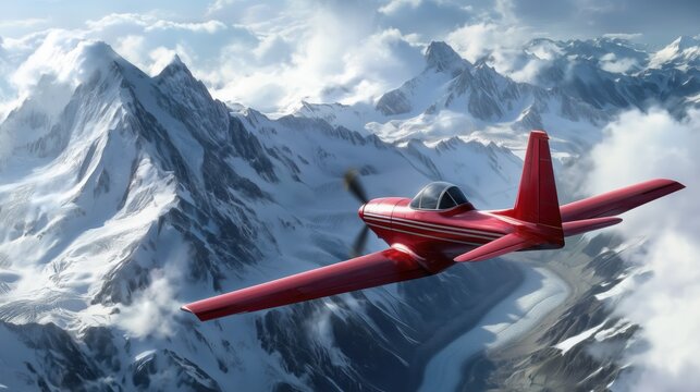 A red propeller plane soars above majestic snow-covered mountains and a winding glacier river under a cloudy blue sky in a breathtaking aerial view.