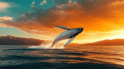 Fototapeta premium A breathtaking image of a whale breaching the ocean's surface at sunset, capturing the beauty of nature and the majesty of marine life in a stunning view.