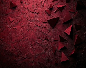 A rich crimson red background with angular geometric shapes like triangles and squares scattered across a textured surface