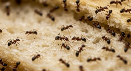 Ants on Bread Crumbs - Close-up shot of numerous ants crawling on a piece of bread. High detail