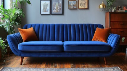Blue velvet sofa in living room, mid-century modern decor, hardwood floor