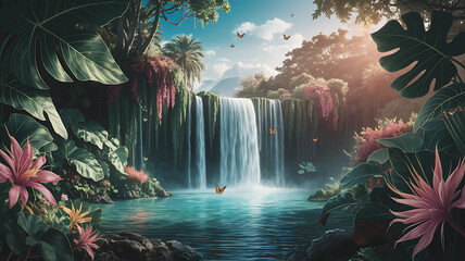 Obraz premium Serene Waterfall in a Lush Tropical Paradise