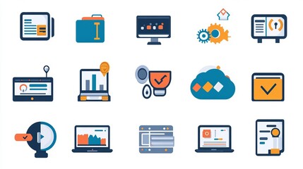 Fototapeta premium A collection of fifteen vibrant icons representing data analytics and technology concepts
