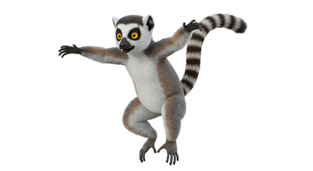 Fototapeta premium Ring-tailed Lemur Jumping Cartoon Character on White Background Ready to Leap