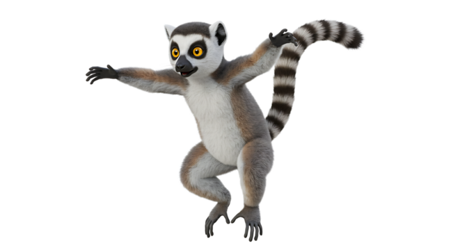 Ring-tailed Lemur Jumping Cartoon Character on White Background Ready to Leap