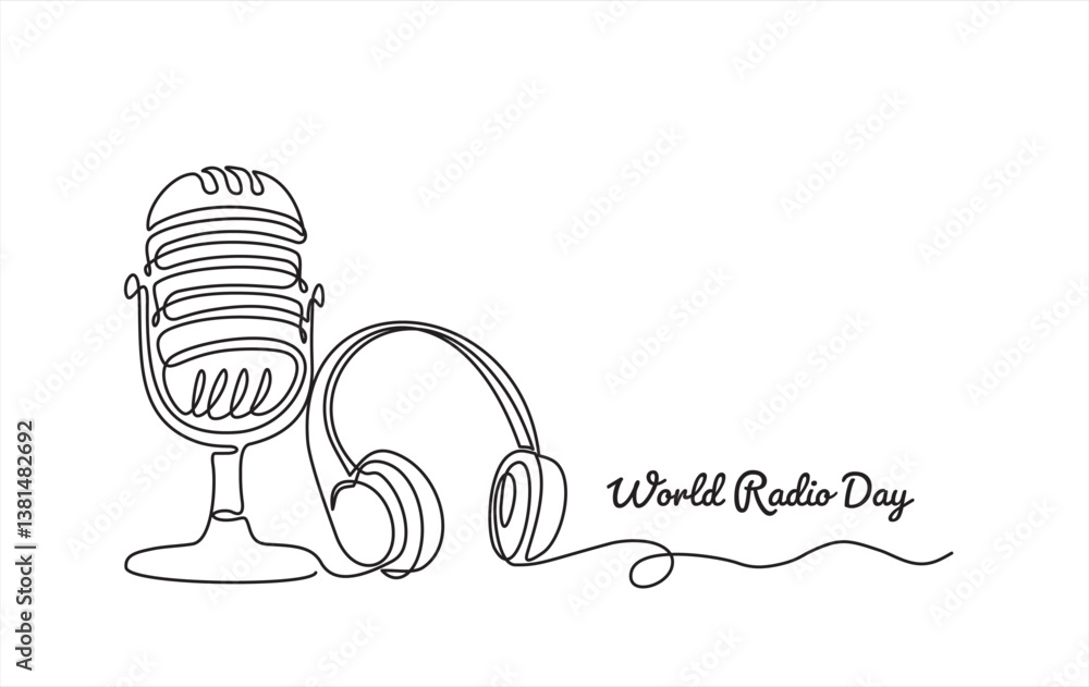 Poster continuous one single line drawing retro microphone and headphone speaker device gadget. continuous 