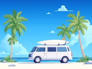 Surf van on tropical beach.