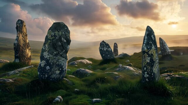 Mysterious stone circle on windswept moor, ancient stones aligned with celestial movements. Whispering winds carry tales of druids and forgotten rituals