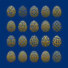 Easter geometric eggs collection. Egg silhouettes for cutting or sublimation. Vector gradient illustrations. Decorative holiday symbols. Isolated on blue background. Carved and lace patterns.