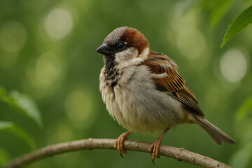 Moineau posé sur une branche au printemps, regard vif et plumage détaillé, arrière-plan vert flou naturel, scène réaliste en pleine nature