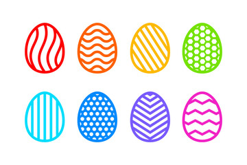Easter geometric eggs set. Paper or laser cutting templates. Vector color illustrations. Decorative holiday symbols. Isolated on white background. Carved pattern. For laser, plotter cutting, sublimati