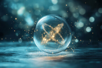 Glass sphere showing rotating golden energy trails with sparkling particles on dark background