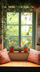 window seat with decorative cushions and potted plants framed by floral curtains looking out onto lush green garden