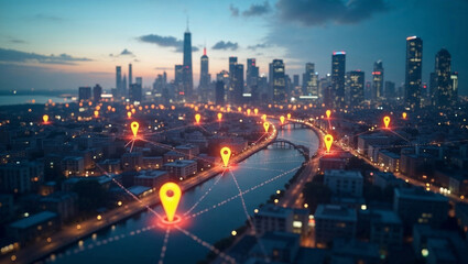 Fototapeta premium City Connect: Glowing Locations, Technology, and Urban Connectivity