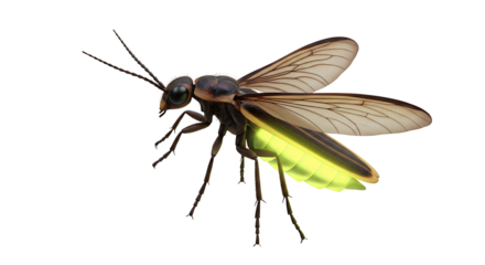 Close-up of a glowing firefly on white background with intricate details