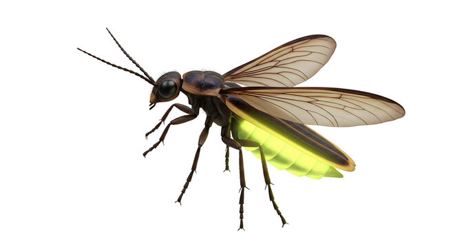 Close-up of a glowing firefly on white background with intricate details