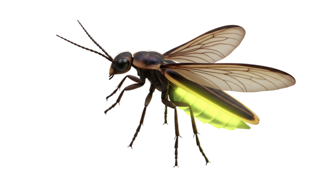 Close-up of a glowing firefly on white background with intricate details