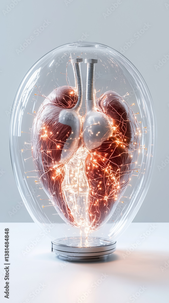 Poster human heart displayed within transparent shell, showcasing glowing neural pathways. bright light emp