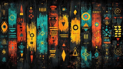 A vibrant tapestry of African patterns, woven with intricate ethnic and tribal motifs, rendered in a rich palette of oranges, reds, yellows, blues, and black, boasting a grunge texture that 