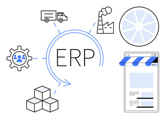 ERP with gear, truck, factory, mobile store interface, product boxes, and reporting chart. Ideal for process management, logistics, manufacturing retail business solutions resource planning flat