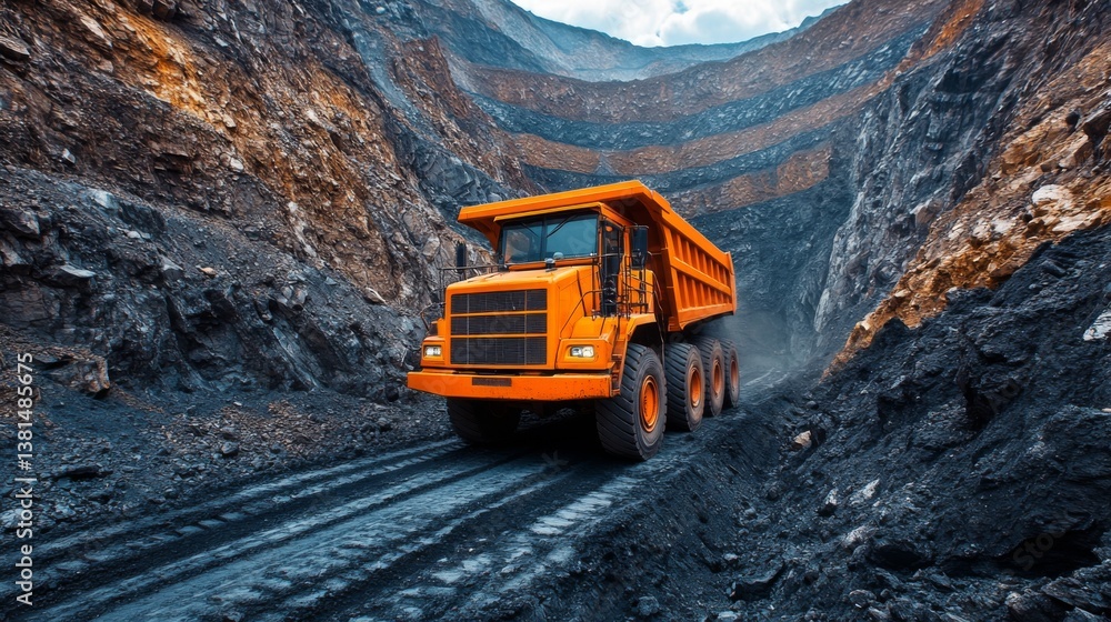 Poster A large dump truck navigates through an expansive open pit quarry, extracting minerals from rocky terrain while preparing them for processing, under a cloudy sky.
