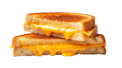 A close up shot of a stacked grilled cheese sandwich with melted cheese on a black background isolated on transparent background
