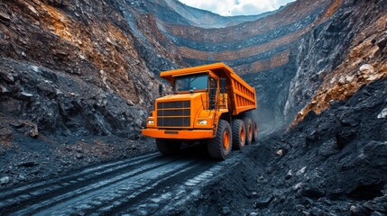 A large dump truck navigates through an expansive open pit quarry, extracting minerals from rocky terrain while preparing them for processing, under a cloudy sky.