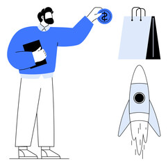 Man placing a coin into a startup concept, symbolized by a shopping bag and rocket launch. Ideal for investment, innovation, growth, entrepreneurship, retail, e-commerce, finance flat simple metaphor