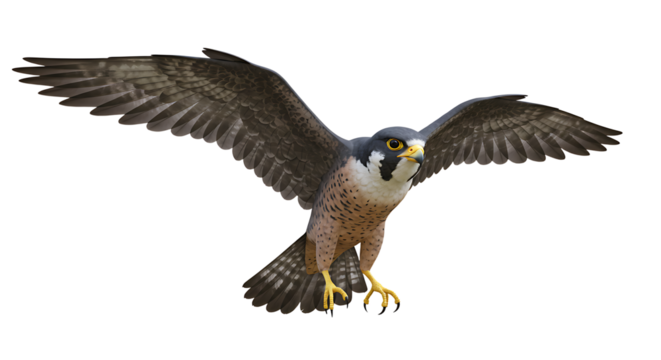 Falcon soaring in flight with wings spread on white background