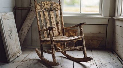 Antique wooden rocking chair with a timeworn appearance,
