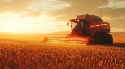 Obraz premium A next-gen harvester equipped with precision lasers, slicing and gathering wheat without damaging the soil