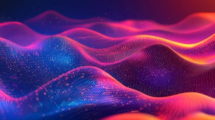 Selbstklebende Fototapeten Abstract digital landscape with glowing particles and vibrant wavy lines in blue and pink hues © Honey