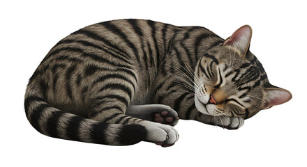 Sleeping Tabby Cat Curled Up Peacefully on White Background Still Life