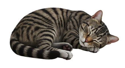 Sleeping Tabby Cat Curled Up Peacefully on White Background Still Life