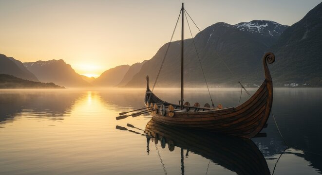 Sunrise Fjord Viking Ship - A longship at sunrise on a calm fjord, surrounded by majestic mountains. Peaceful and serene scene