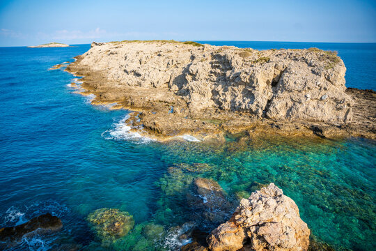 View of Kape Apostolos and Kleides Islands at the very eastern tip of the Karpasia Peninsula in the Turkish Republic of Northern Cyprus. Most easterly point on mainland Cyprus.