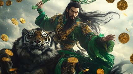 An epic scene featuring a warrior in ornate green attire poised with a sword alongside a tiger, representing power, courage, and triumph over adversity.