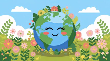 Naklejka premium Happy Earth Surrounded by Flowers, healthy earth, laughing earth, green earth