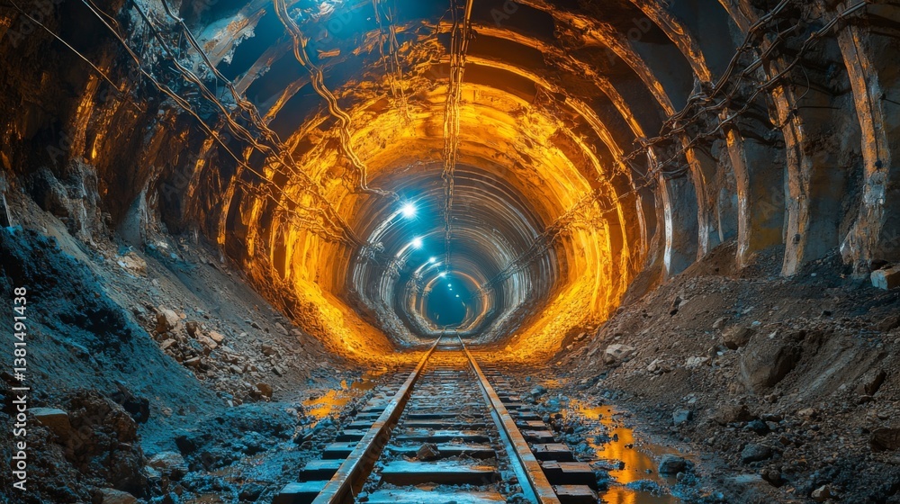 Leinwandbilder a well structured tunnel used for mineral extraction featuring railway tracks leading deep into the 
