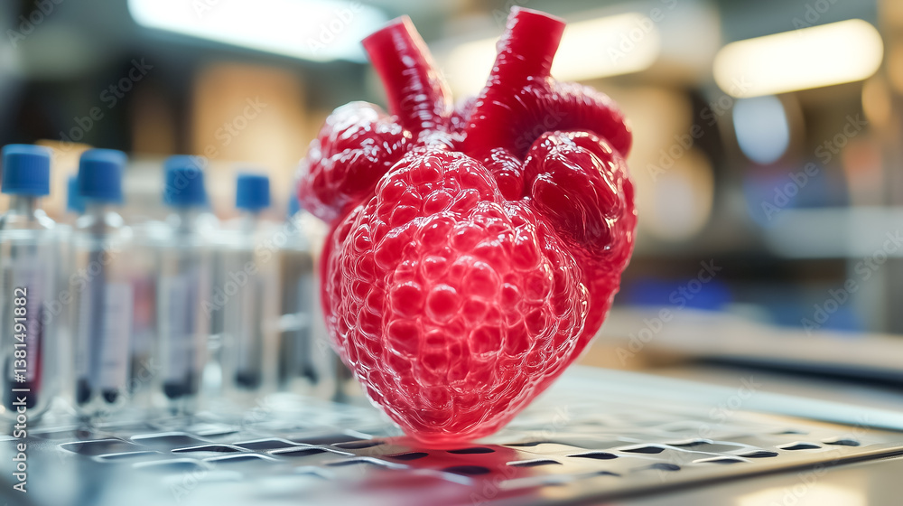 Aufkleber heart model in vibrant red color showcased on lab table in modern laboratory setting. soft lighting 