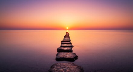 Serene Sunset Path - Tranquil sunset scene featuring a stone path extending into a calm sea, bathed in warm golden light. Peaceful and inspirational