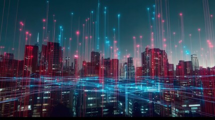 A stunning futuristic city skyline illuminated with vibrant neon lights and tech-inspired visuals, representing innovation, progress, and a digital-driven urban landscape.