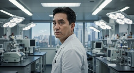 Male Scientist in Modern Lab - A thoughtful male scientist in a white coat looks over his shoulder, symbolizing research, discovery, innovation, progress, and breakthroughs in a bright