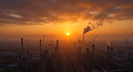 Naklejka premium Sunrise Over Industrial Complex - Aerial view of industrial complex at sunrise, showing numerous smokestacks and pollution