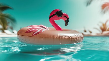 A cheerful pink flamingo pool float drifts on sparkling turquoise water, embodying summer fun and relaxation, inviting viewers to escape to a sunny paradise of leisure.