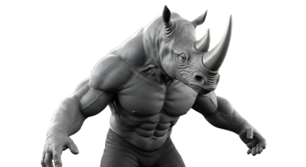 Gray Rhino Humanoid Hybrid Character with Strong Muscles and Powerful Physique