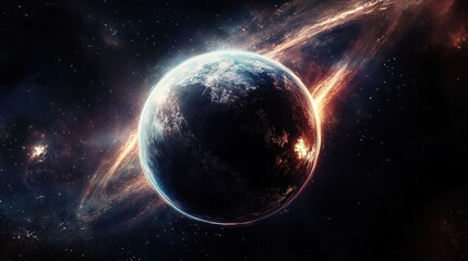 A mesmerizing image of a distant planet surrounded by cosmic elements, illustrating the endless beauty and mystery of the universe, inviting viewers to explore the wonders of space.